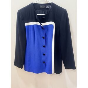 VTG Liz Claiborne Petite blue black Blazer Jacket color block 6 Buttons Size 10